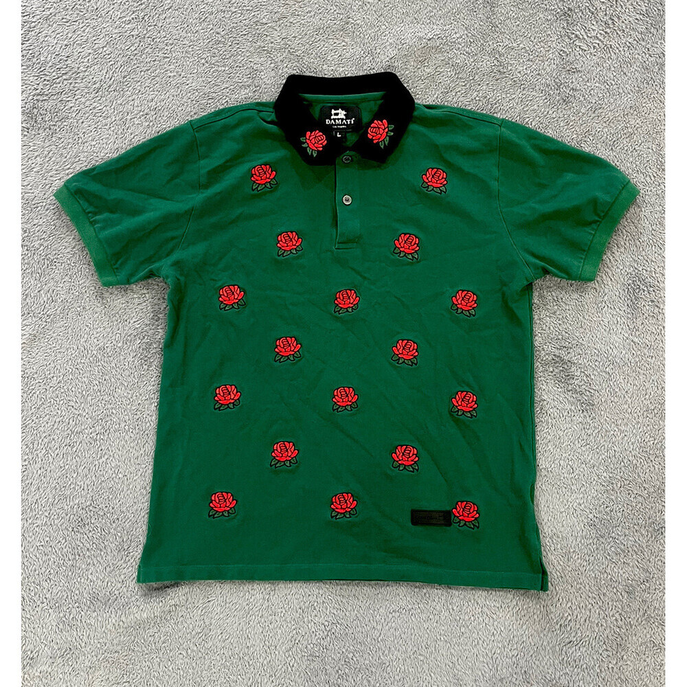 Damati Men's Size Large (L) Polo Short Sleeve Roses Embroidered Green Cotton